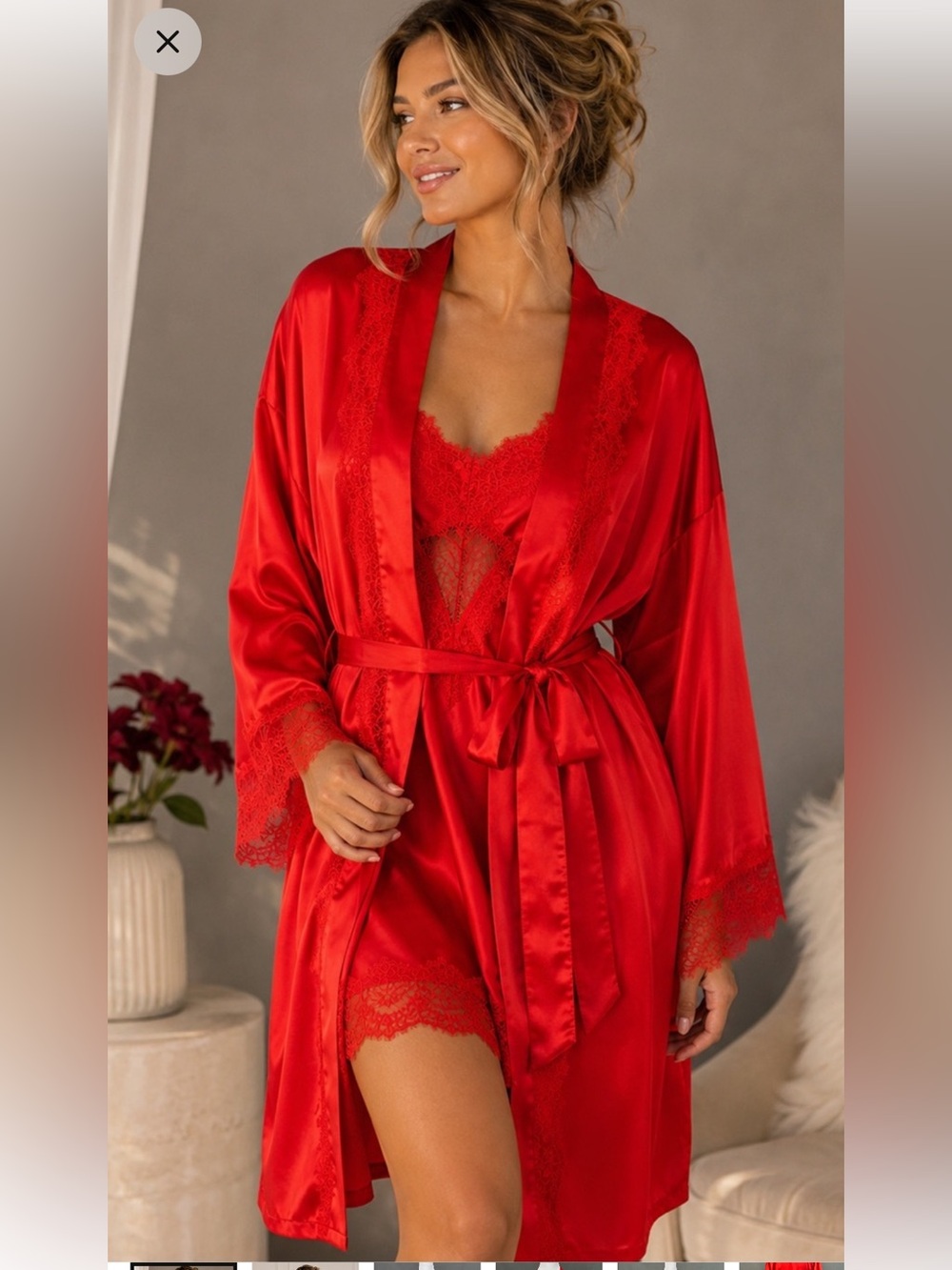 SOMA 100% Silk Red  Lace Chemise & Robe Set - Women's Intimates S